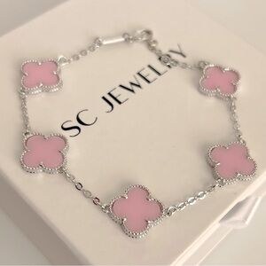 Hot Pink Clover Bracelet 5 Motif Double Sided Silver Chain